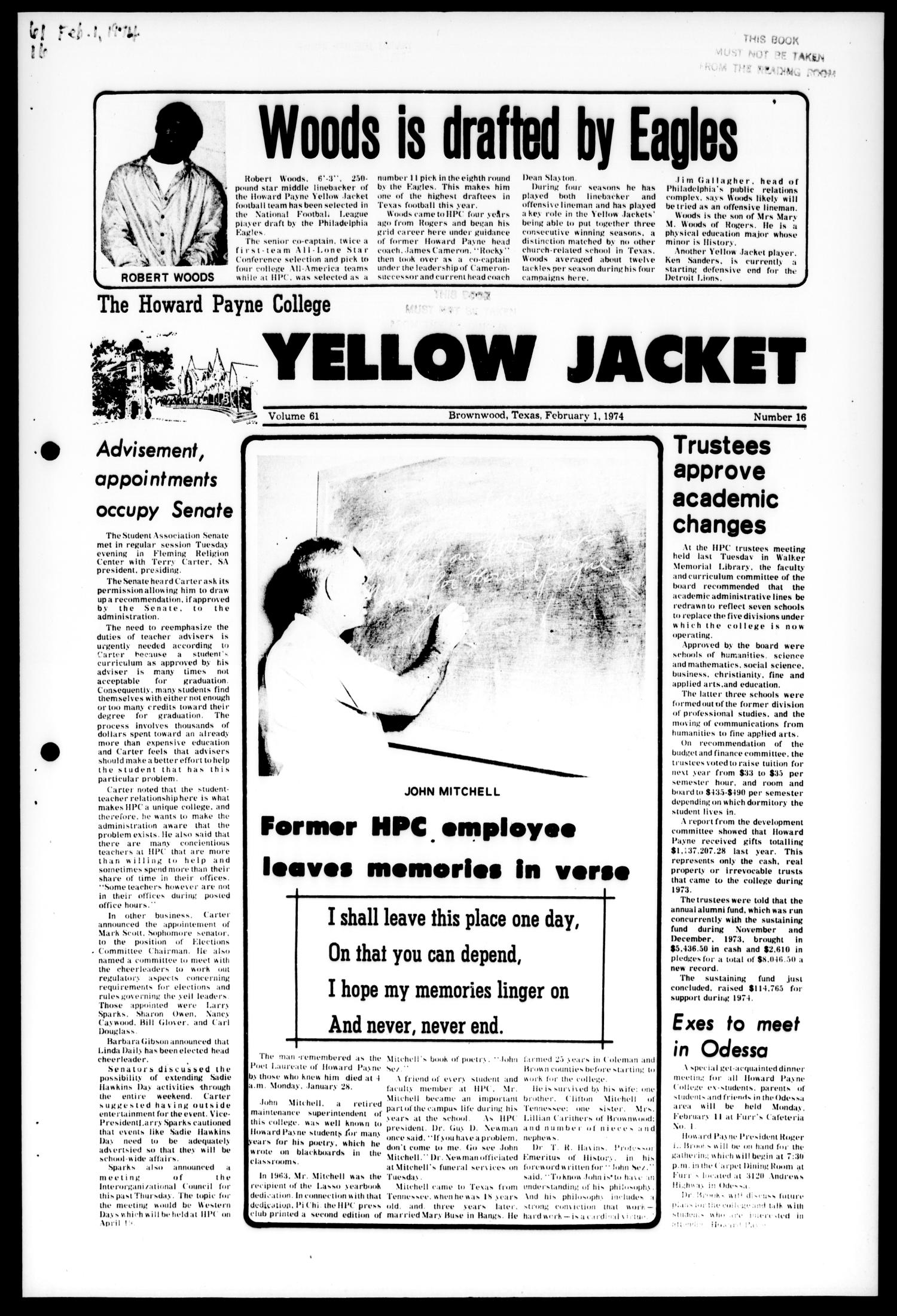 The Howard Payne College Yellow Jacket (Brownwood, Tex.), Vol. 61, No. 16, Ed. 1, Friday, February 1, 1974
                                                
                                                    [Sequence #]: 1 of 4
                                                