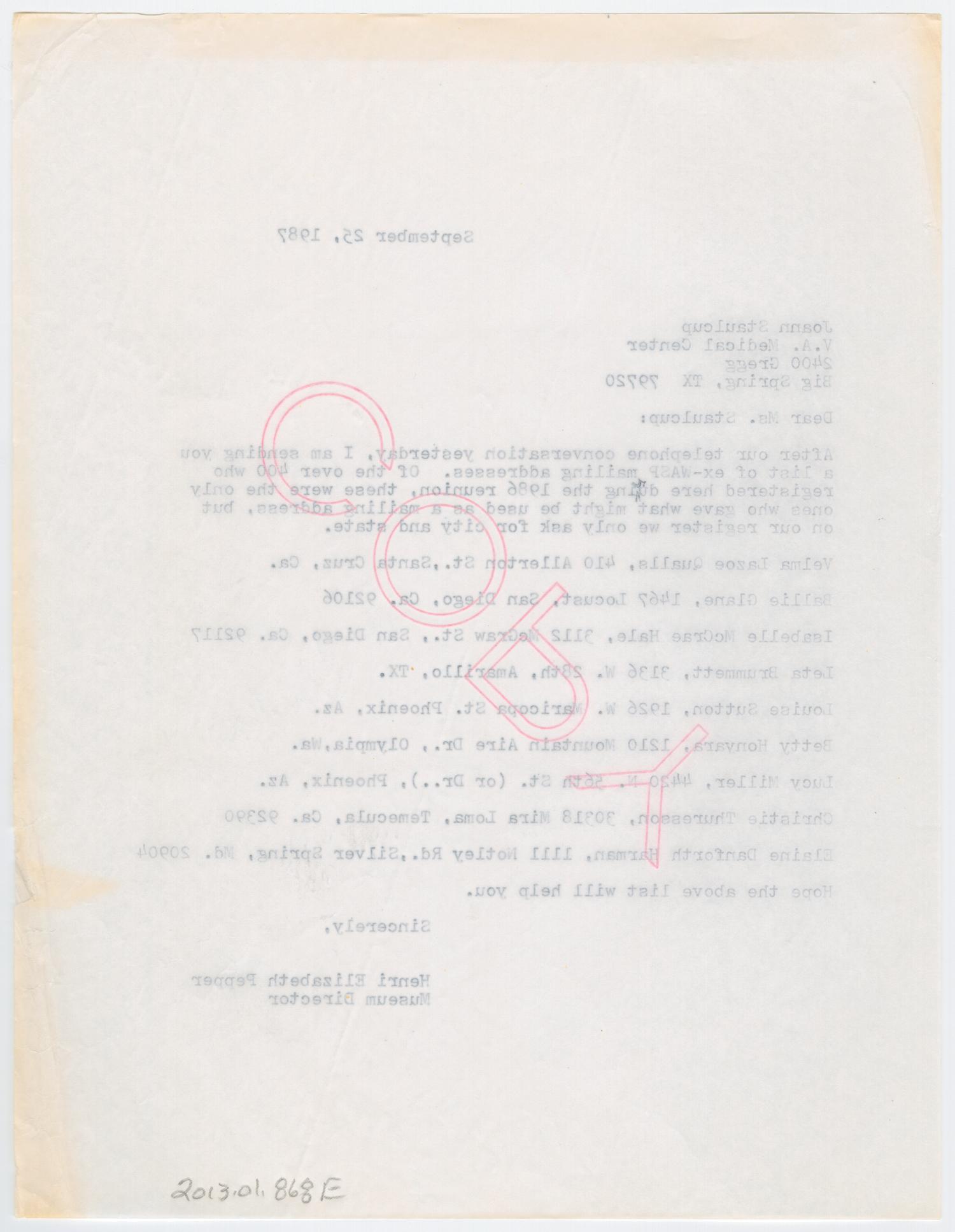 [Letter from Henri Pepper to Joann Staulcup, September 25, 1987]
                                                
                                                    [Sequence #]: 2 of 2
                                                