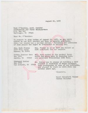 [Letter from Henri Pepper to Tami O'Bannion, August 29, 1987]