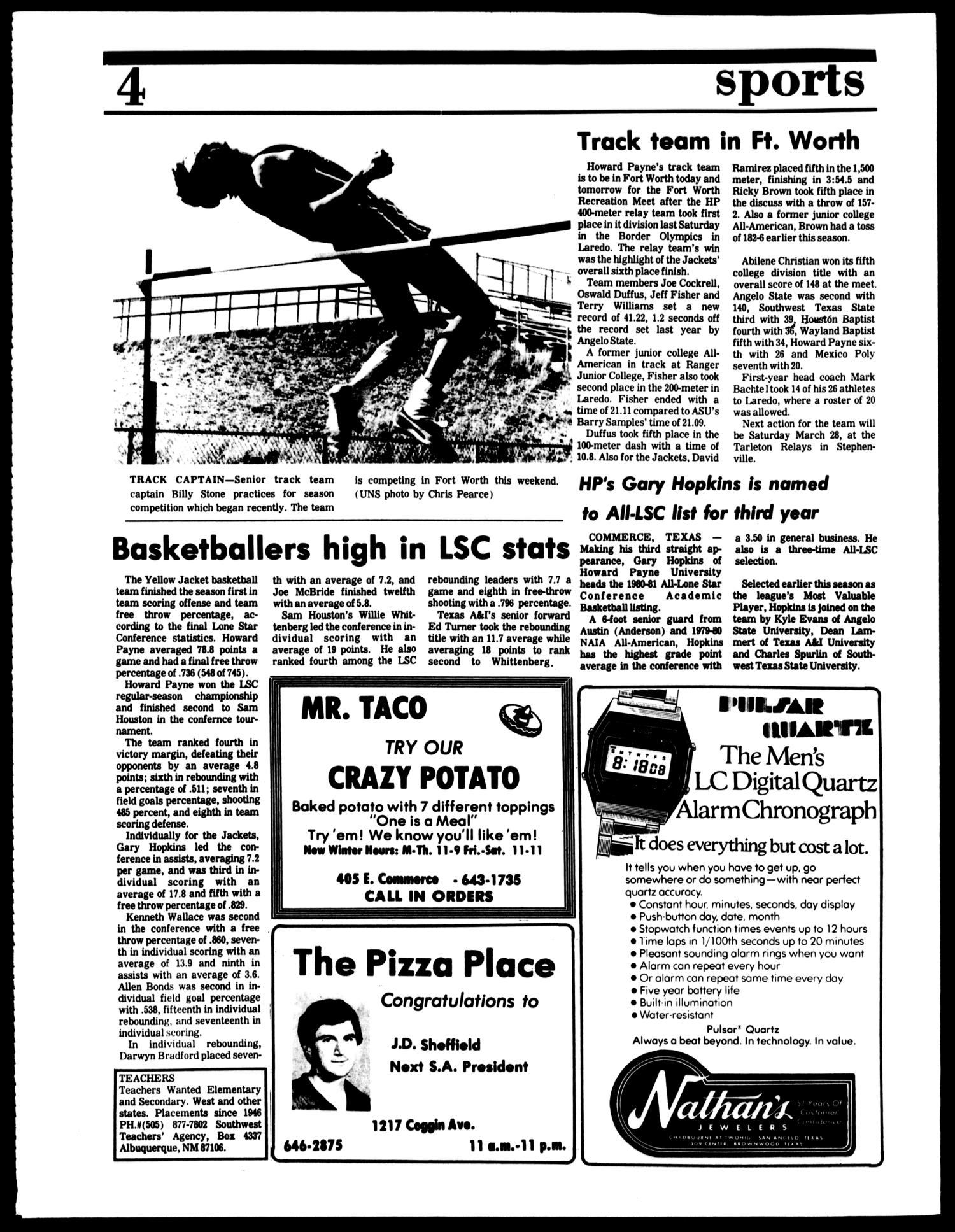 The Howard Payne University Yellow Jacket (Brownwood, Tex.), Vol. 68, No. 22, Ed. 1, Friday, March 13, 1981
                                                
                                                    [Sequence #]: 4 of 4
                                                