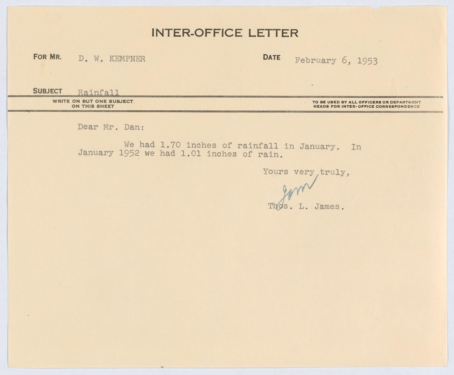 [Letter from T. L. James to D. W. Kempner, February 6, 1953]
                                                
                                                    [Sequence #]: 1 of 2
                                                