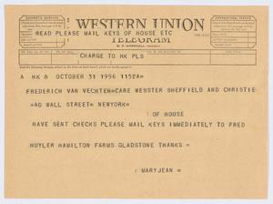 [Telegram from Mary Jean to Frederich Van Vechten, October 31, 1956]