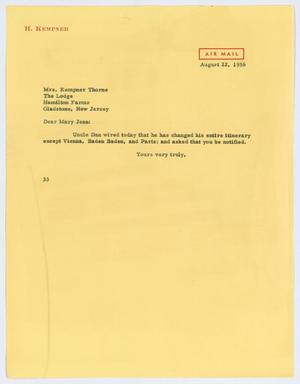 Primary view of object titled '[Letter from Harris Leon Kempner to Mrs. Kempner Thorne, August 22, 1956]'.