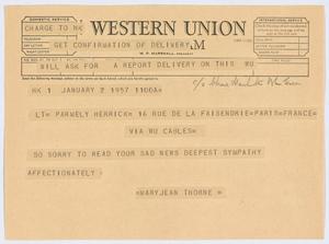 [Telegram from Mary Jean Thorne to Parmely Herrick, January 2, 1957]