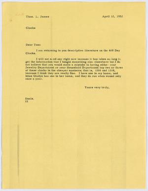 [Letter from D. W. Kempner to Thos. L. James, April 12, 1952]