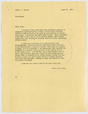 [Letter from D. W. Kempner to T. L. James, June 20, 1952]
