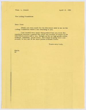 [Letter from D. W. Kempner to Thos. L. James, April 12, 1952]