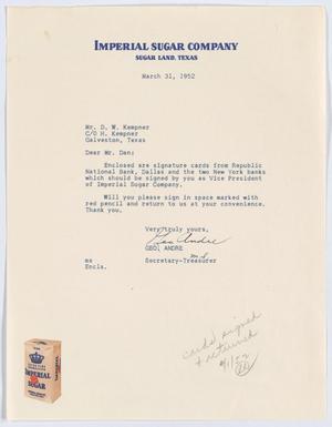Primary view of object titled '[Letter from Geo. Andre to D. W. Kempner, March 31, 1952]'.
