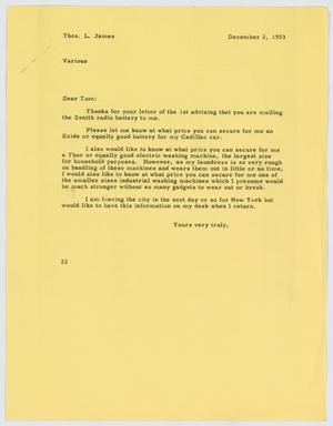 [Letter from D. W. Kempner to Thos. L. James, December 2, 1953]
