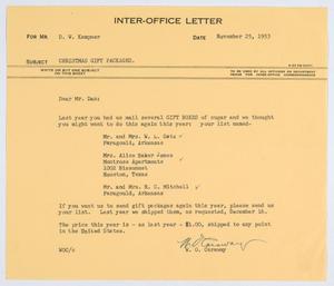 Primary view of object titled '[Letter from W. O. Caraway to D. W. Kempner, November 25, 1953]'.