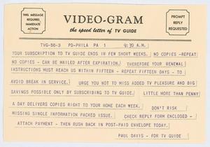 [Video-gram from TV Guide to D. W. Kempner, 1956]