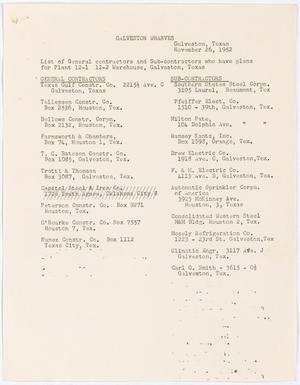 Primary view of object titled '[Galveston Wharves' List of General Contractors and Sub-Contractors of Plant 12-1 12-2 Warehouse , November 26, 1952]'.