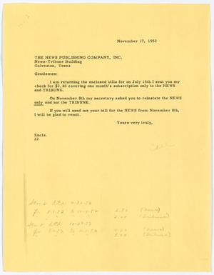 [Letter from D. W. Kempner to The News Publishing Company, Inc., November 17, 1952]