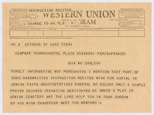 [Telegram on D. W. Kempner's Funeral Request]