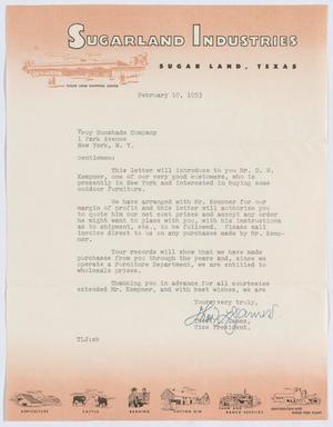 [Letter from Thos. L. James to Troy Sunshade Company,February 10, 1953]