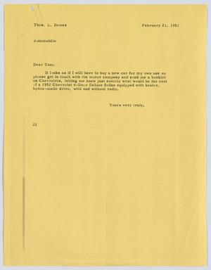 [Letter from D. W. Kempner to T. L. James, February 21, 1952]