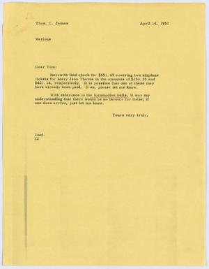 [Letter from D. W. Kempner to T. L. James, April 14, 1952]