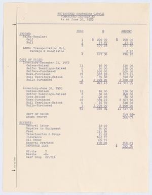 [Statement of Sugarland Industries' Registered Shorthorn Cattle Operations as at June 30, 1953]