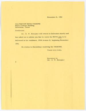 [Letter from Secretary of D. W. Kempner to Galveston News-Tribune, November 8, 1952]