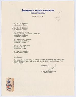 Primary view of object titled '[Letter from I. H. Kempner, Jr., to Directors of Imperial Sugar Company, June 9, 1952]'.