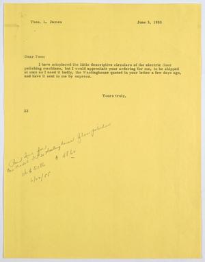 [Letter from D. W. Kempner to Thos. L. James, June 3, 1955]