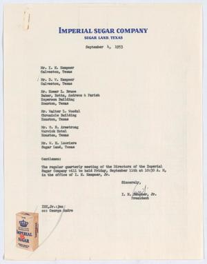 [Letter from I. H. Kempner Jr., to Directors of Imperial Sugar Company,, September 4, 1953]