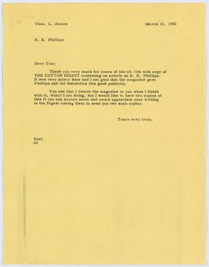 [Letter from D. W. Kempner to T. L. James, March 11, 1952]