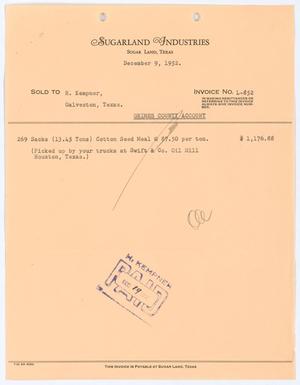 [Invoice for 269 Sacks of Cottonseed Meal Sold to H. Kempner]