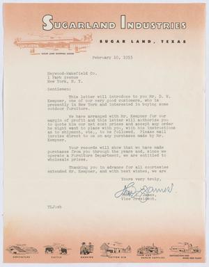 [Letter from Thos. L. James to Heywood-Wakefield Company, February 10, 1953]