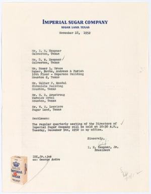 [Letter from I. H. Kempner, Jr., to Directors of Imperial Sugar Company, November 18, 1952]