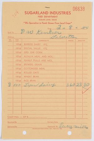 [Invoice for Eight Sacks of Texas Dairy Feed Sold to D. W. Kempner]