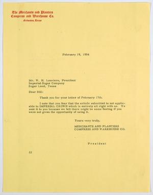 [Letter from D. W. Kempner to W. H. Louviere, February 19, 1954]