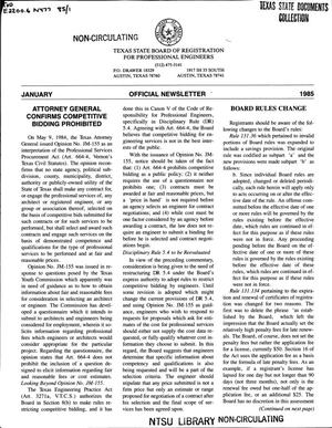 Texas State Board of Registration for Professional Engineers Official Newsletter, January 1985