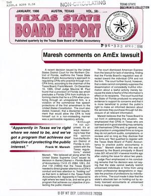 Primary view of object titled 'Texas State Board Report, Volume 58, January 1996'.