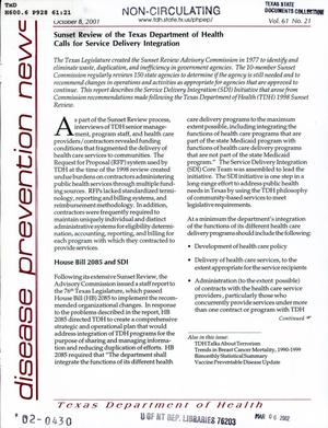 Primary view of object titled 'Texas Disease Prevention News, Volume 61, Number 21, October 2001'.
