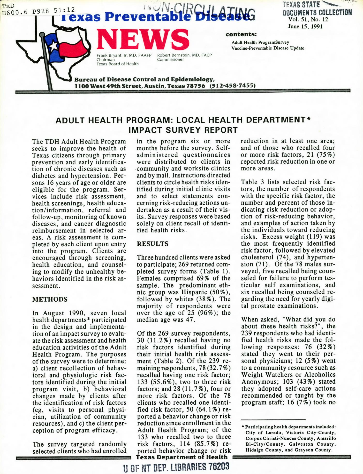 Texas Preventable Disease News, Volume 51, Number 12, June 15, 1991
                                                
                                                    Front Cover
                                                