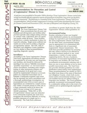 Primary view of object titled 'Texas Disease Prevention News, Volume 62, Number 8, April 2002'.