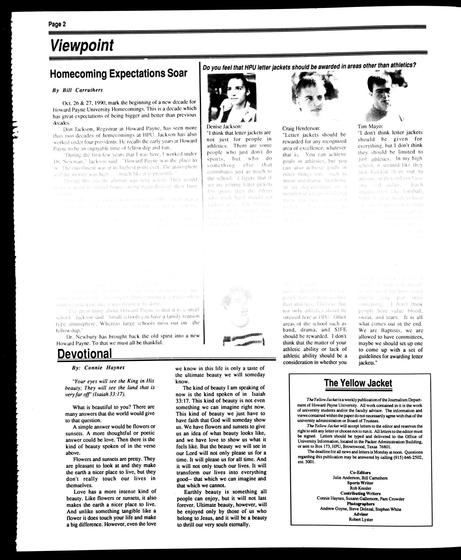 The Yellow Jacket (Brownwood, Tex.), Vol. 78, No. 7, Ed. 1, Friday, October 26, 1990
                                                
                                                    [Sequence #]: 2 of 4
                                                