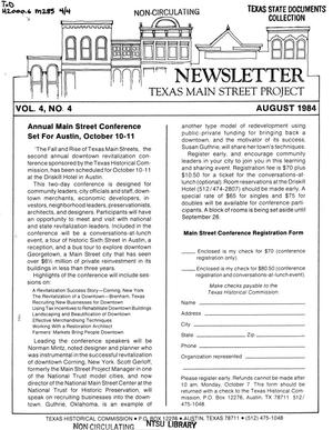 Primary view of object titled 'Texas Main Street Project Newsletter, Volume 4, Number 4, August 1984'.