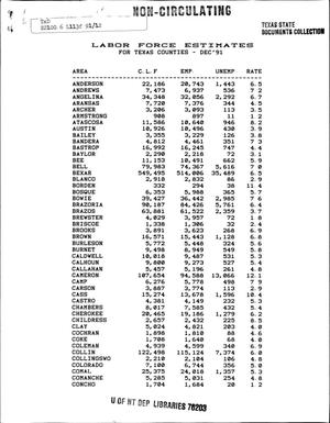 Labor Force Estimates for Texas Counties, December 1991