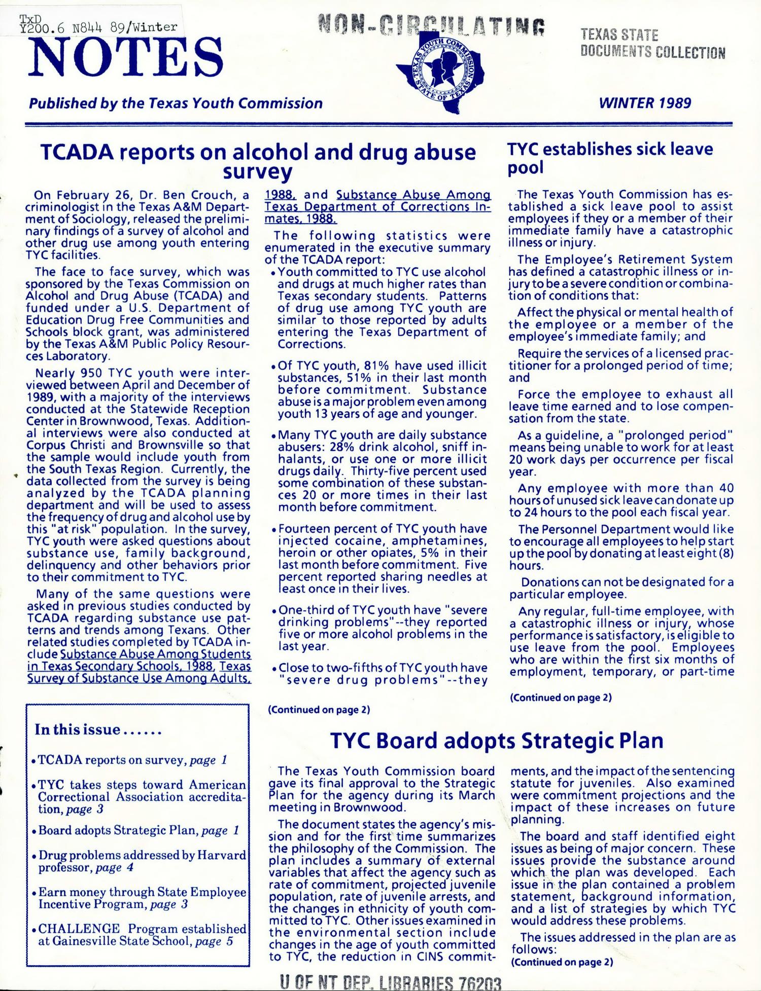 Texas Youth Commission Notes, Winter 1989
                                                
                                                    Front Cover
                                                