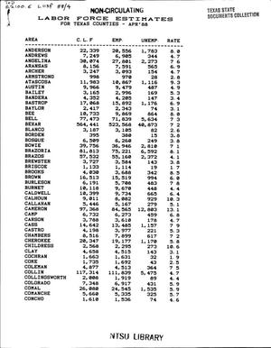 Labor Force Estimates for Texas Counties, April 1988