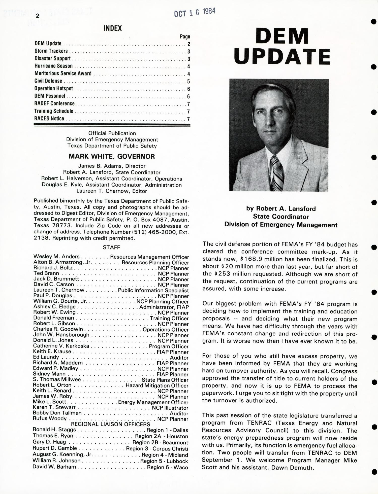 Division of Emergency Management Digest, Volume 29, Number 4, July 1983
                                                
                                                    2
                                                