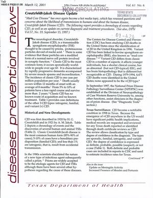 Primary view of object titled 'Texas Disease Prevention News, Volume 61, Number 6, March 2001'.