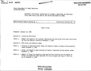 Primary view of object titled 'Texas Quarterly Statistical Tabulation of Licensed, Registered or Certified Child Care Facilities and of DHS Foster and Adoptive Homes, January 23, 1985'.