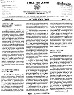 Primary view of object titled 'Texas State Board of Registration for Professional Engineers Official Newsletter, Number 16, April 1990'.