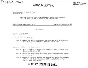 Texas Quarterly Statistical Tabulation of Licensed, Registered or Certified Child Care Facilities and of DHS Foster and Adoptive Homes, June 1988