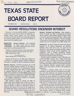 Primary view of object titled 'Texas State Board Report, Volume 6, October 1981'.