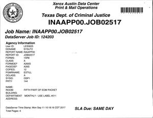 Primary view of object titled 'Texas Inmate Monthly Report: August 2017, Part 5'.