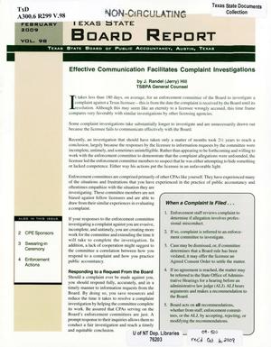 Primary view of object titled 'Texas State Board Report, Volume 98, February 2009'.